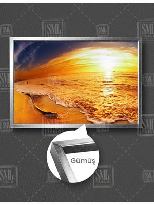 SML Tablo Gün Batımı Manzara Doğa Dalga Köpük Deniz Güneş Yatay Çerçeveli Kanvas Tablo