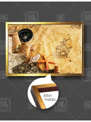 SML Tablo Deniz Yıldızı Pusula Sahil Deniz Kağıttan Kumsal Yatay Çerçeveli Kanvas Tablo