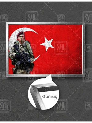 SML Tablo Türk Askeri Türk Bayrağı Bordo Bereli Ay Yıldız Yatay Çerçeveli Kanvas Tablo
