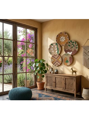 Atlas Home Art 5'li hasır duvar tabağı seti, bohem duvar süsü