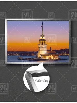SML Tablo Istanbul Boğazı Kız Kulesi Gece Işık Görünüm Yatay Çerçeveli Kanvas Tablo