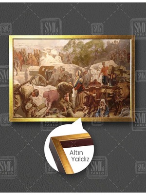 SML Tablo Kurtuluş Savaşı Kağnı Arabası Yaralı Askerler Top Tüfek Yatay Çerçeveli Kanvas Tablo