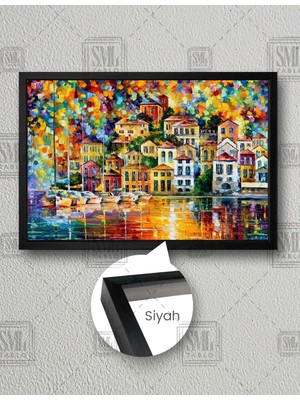SML Tablo Renkli Evler Göl Kasaba Manzarası City Ev Sonbahar Göl Evi Yatay Çerçeveli Kanvas Tablo