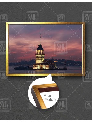 SML Tablo Istanbul Boğazı Kız Kulesi Gece Işık Görünüm Yatay Çerçeveli Kanvas Tablo