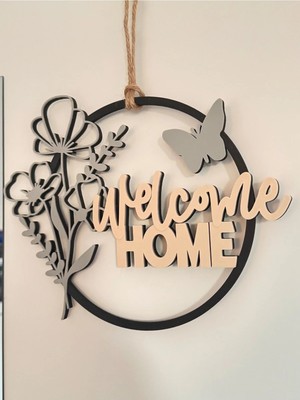 Welcome Home Yazılı 3D Baskı Kapı Süsü – Modern Çiçekli Duvar & Kapı Dekoru