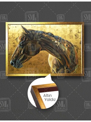 SML Tablo Kahverengi At Asalet Hayvan Gold Fon Dekor Yatay Çerçeveli Kanvas Tablo