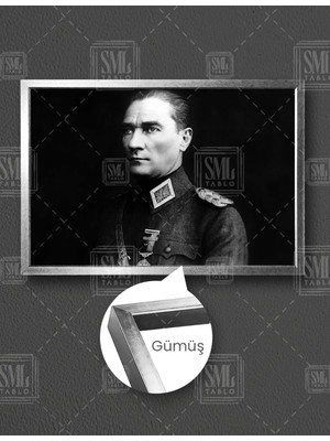 SML Tablo Mustafa Kemal Atatürk Askeri Üniforma Arka Plan Siyah Yatay Çerçeveli Kanvas Tablo