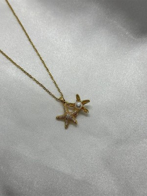 Zirkon Taşlı Incili Açılabilir Deniz Yıldızı Çelik Kolye Gold Standart
