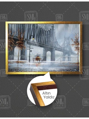 SML Tablo Yağmur Altında Bankta Oturmuş Birbirine Sarılan Çift Aşk Love Sokak Lambası Şehir Manzara Yatay Çerçeveli Kanvas Tablo