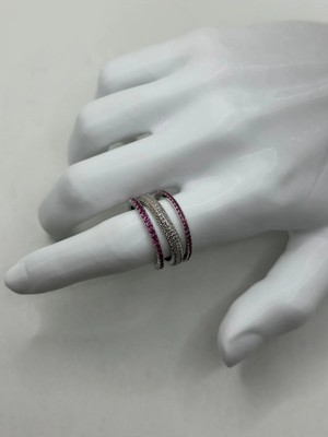 3’lü Zirkon Taşlı Kombin Çelik Yüzük Seti – Gümüş Renk Pembe Taşlı