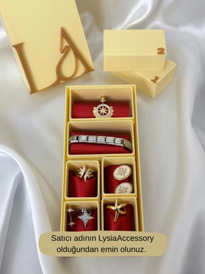 6’lı Advent Calender Hediye Seti - 6 Adet Gold&silver Renk Çelik Takı - Krem Rengi Hediye Kutusu