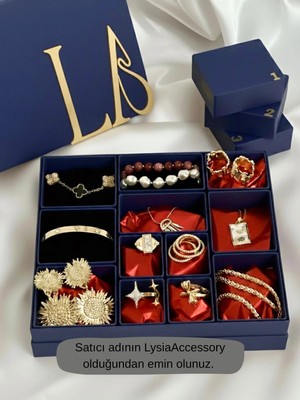 12’li Advent Calender Hediye Seti - 12 Adet Gold Renk Çelik Takı - Lacivert Hediye Kutusu