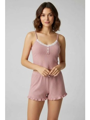 Asil Sepet Giyim Kadın Pudra Dantel Detaylı Şortlu Gecelik Pijama Takımı Şık Rahat 2’li Set