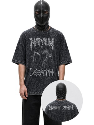Fuddy Moda Unisex Napalm Death Ense Baskılı Yıkamalı Tişört, Oversize Rock Band Temalı Vintage Tshirt