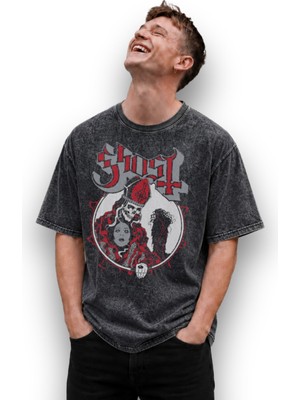 Fuddy Moda Unisex Ghost Baskılı Yıkamalı Tişört, Oversize Rock Band Temalı Retro Tshirt