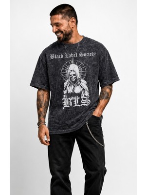 Fuddy Moda Unisex Black Label Society Skull Baskılı Yıkamalı Tişört, Oversize Rock Band Temalı Retro Tshirt