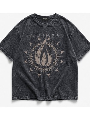 Fuddy Moda Unisex Oversize In Flames Baskılı Yıkamalı Rock Band Tişört