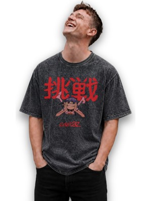 Fuddy Moda Unisex Gorillaz Noodle Baskılı Yıkamalı Tişört, Oversize Rock Band Temalı Retro Tshirt