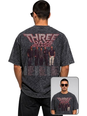Fuddy Moda Unisex Three Days Grace Sırt Baskılı Yıkamalı Tişört, Oversize Rock Band Temalı Retro Tshirt