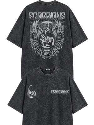 Fuddy Moda Unisex Scorpions Sırt Baskılı Yıkamalı Tişört, Oversize Rock Band Temalı Retro Tshirt