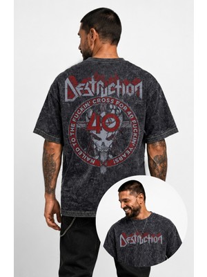 Fuddy Moda Unisex Destruction Sırt Baskılı Yıkamalı Tişört, Oversize Rock Band Temalı Retro Tshirt