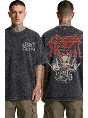 Fuddy Moda Unisex Babymetal Sırt Baskılı Yıkamalı Tişört, Oversize Rock Band Temalı Retro Tshirt