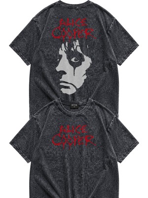 Fuddy Moda Unisex Alice Cooper Sırt Baskılı Yıkamalı Tişört, Oversize Rock Band Temalı Retro Tshirt