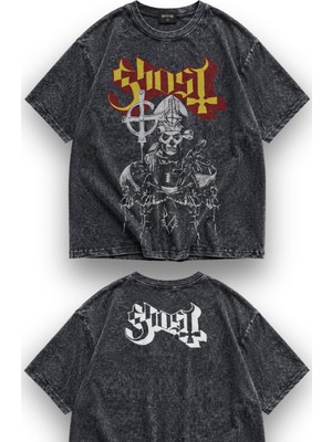 Fuddy Moda Unisex Ghost Ense Baskılı Yıkamalı Tişört, Oversize Rock Band Temalı Vintage Tshirt