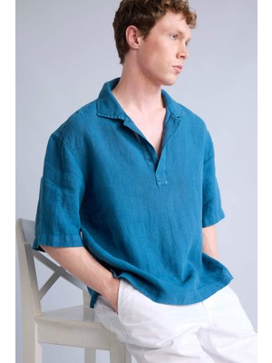 DeFacto %100 Keten Regular Fit Polo Yaka Kısa Kollu İndigo Gömlek G0858AX26SM