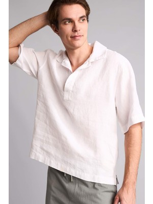 DeFacto %100 Keten Regular Fit Polo Yaka Kısa Kollu Basic Gömlek G0858AX26SM