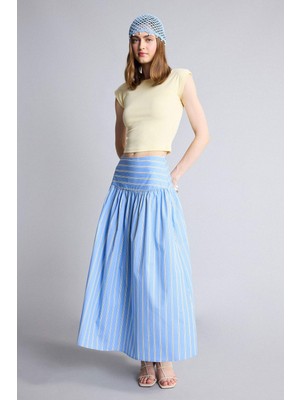 DeFacto A Kesim Normal Bel Poplin Maxi Mavi Etek H8617AX26SM