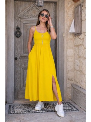 Gökyüzü Moda Kadın Ip Askılı Yuvarlak Yakalı Önden Yırtmaçlı Cep Detaylı Uzun Viskon Elbise