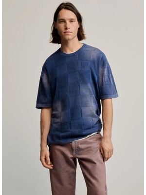 Desigual Mavi Erkek Kareli T-Shirt 26SMTF02 Ts_ındıgo Washed