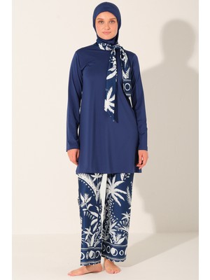 Alfasa Indigo Desenli Tam Kapalı Tesettür Mayo Uzun Kollu Fermuarlı 25636-26 Lacivert