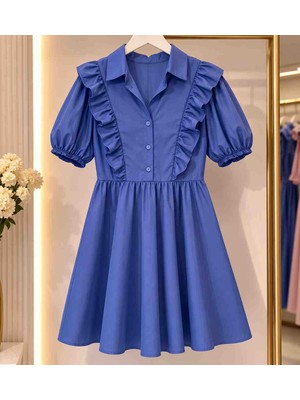 Butik Saks Mavisi Fırfır Detaylı Zarafet Elbisesi 💙✨