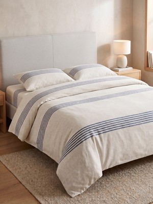 Maki Home %100 Pamuklu Keten Görünümlü Lacivert Çizgili Modern 200X220 Çift Kişilik Nevresim Seti