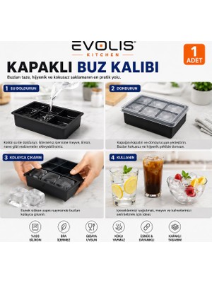 Evolis Kitchen 1 Adet 6 Bölmeli Büyük Boy Kapaklı Silikon Buz Kalıbı Silikon Kare Buzluk Kokteyl Sunum Buz Kalıbı Et Suyu Saklama Kalıbı