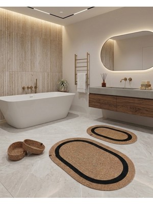 Senza Atelier Modern Hasır Dokulu Banyo Seti - 2 Adet Oval Paspas & 2 Adet Düzenleyici Sepet -