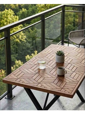 Mirrorss Geometrik Desenli Masa 120 x 70 cm 3D Görünüm  Ahşap Ceviz Renk Bahçe Balkon Mutfak Masası