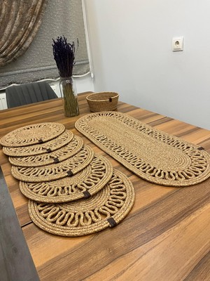 Senza Atelier 7 Parça Jüt Supla ve Runner Seti - El Örmesi Hasır Yemek Masası Takımı