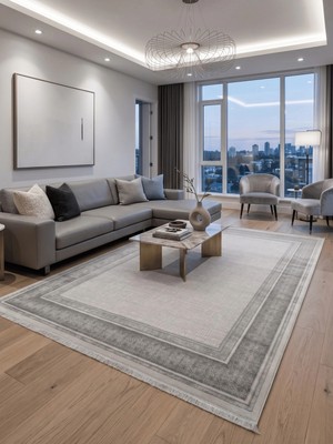 Melit Halı Merinos Vista Gri Çerçeveli %100 Akrilik Yumuşak Dokulu Salon Oturma Odası Halısı