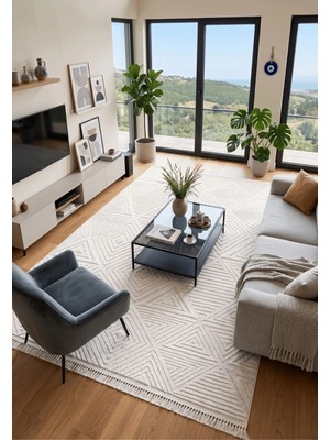 Melit Halı Krem Hav Toz Vermez Modern Geometrik Desenli Modern Dokuma Salon Halısı Oturma Odası Halısı