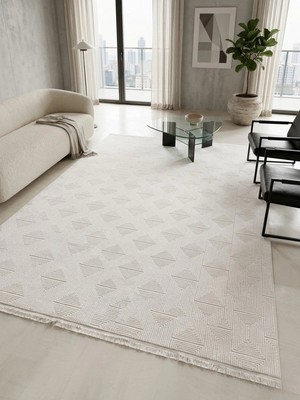 Melit Halı Merinos Vista Beyaz Renk %100 Akrilik Geometrik Desen Yumuşak Dokulu Salon Oturma Odası Halısı 63237-63