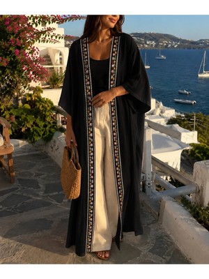 Sile Atelier Siyah Kadın Nakışlı Kuşaklı Uzun  Kimono Kaftan