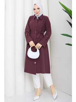 Pamuk Butik Kadın Kuşaklı Cepli Fermuar Kapamalı Kap -PMK556