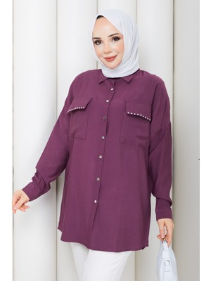Pamuk Butik Kadın Taş Işlemeli Cepli Gömlek Tunik -PMK555