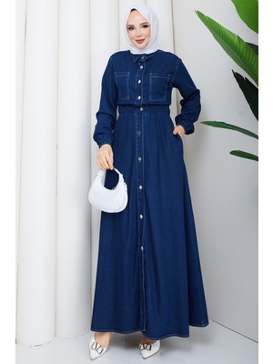 Pamuk Butik Kadın Beli Lastikli Cepli Kot Elbise -PMK553