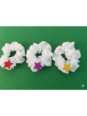Bodrum Asel 3'lü Set Beyaz Şifon Scrunchie Toka - Renkli Simli Yıldız Figürlü Lüks Lastik Toka Seti - El Yapımı Saç Aksesuarı