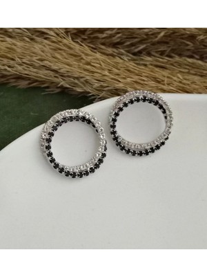 Happy Aksesuar Siyah Beyaz Kristal Taşlı Halka Kadın Abiye Küpe Çap.2,5cm