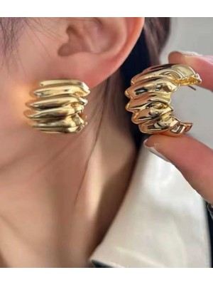 Happy Aksesuar Tırtıklı Kalın Halka Gold Kadın Küpe
